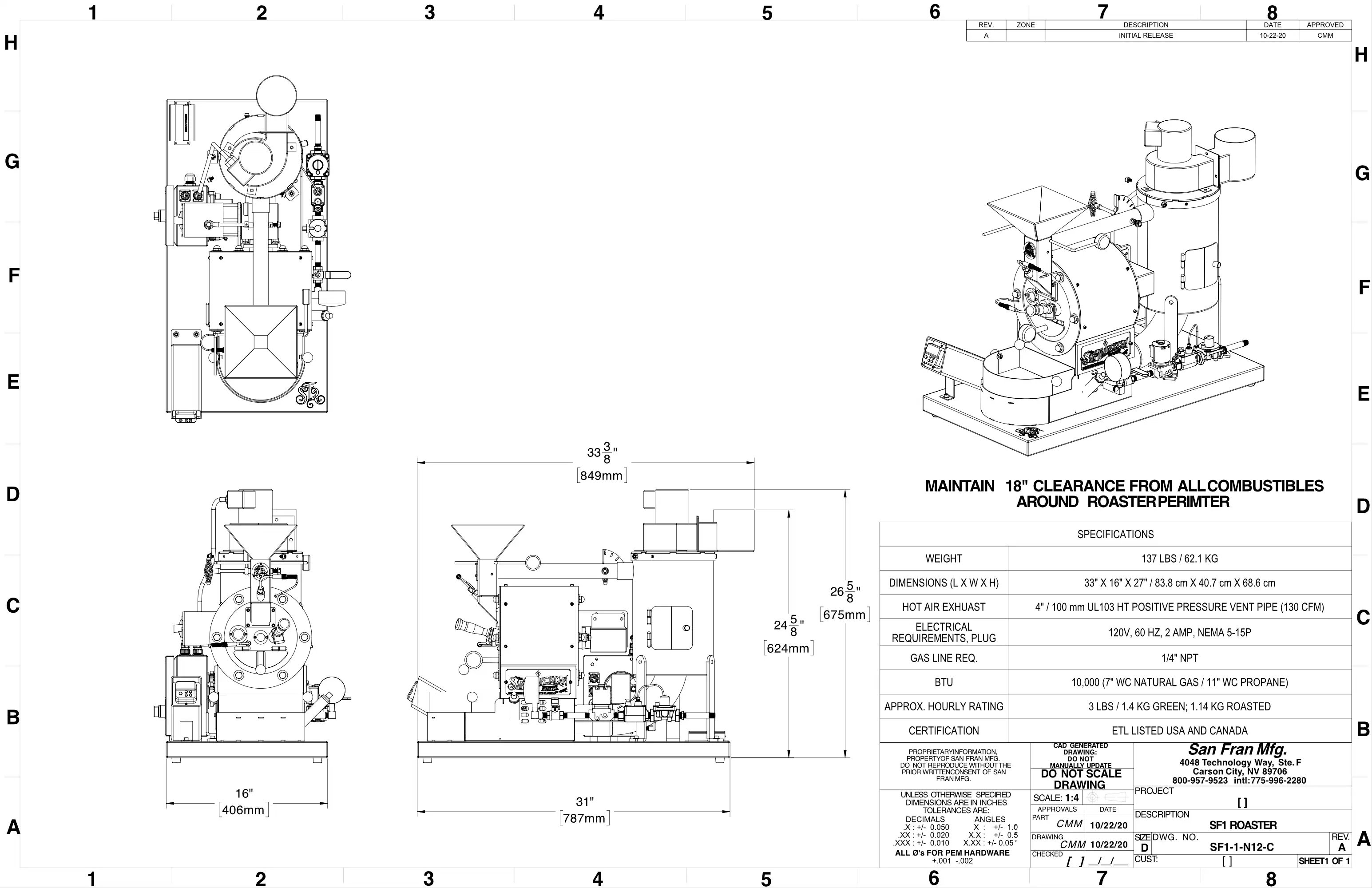 Spec sheet of the San Franciscan Roaster™ Model SF-1